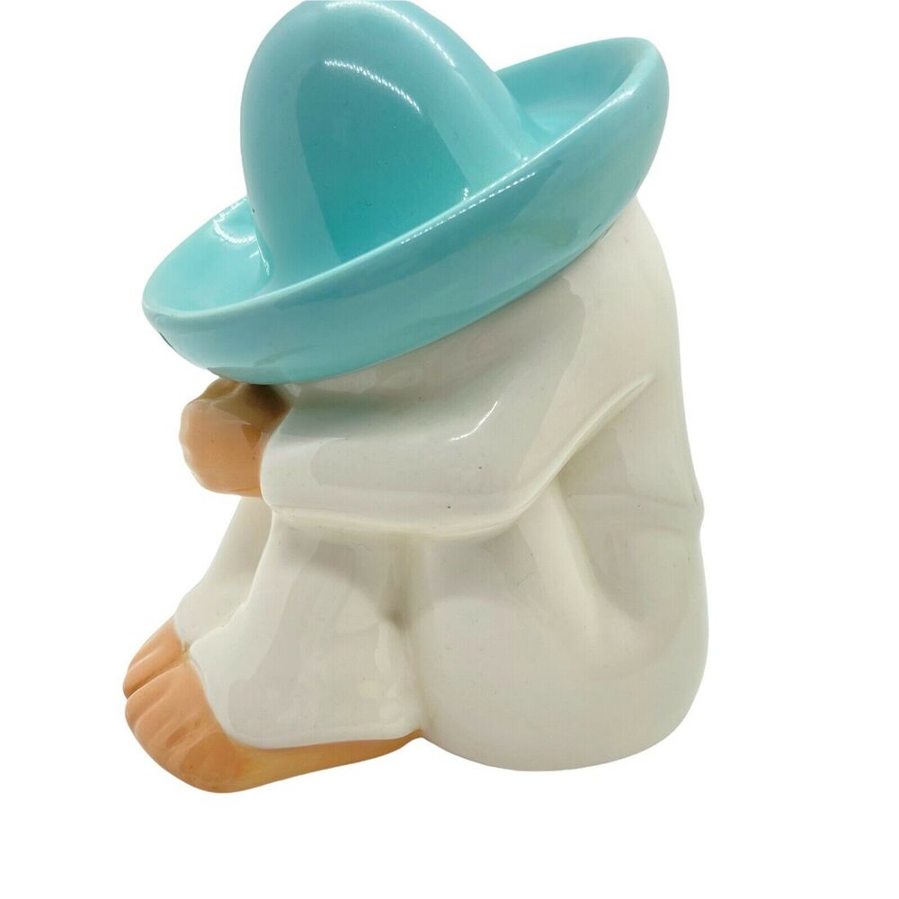 Sleeping Siesta Man Vintage White Blue Ceramic Sombrero Mexican Figurine Retro